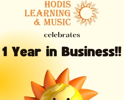 Photo of a smiling sun and text saying Hodis Learning & Music celebrates 1 year in business! Hodis Learning & Music is an academic tutoring, music lessons, and art lessons company in the Pasadena area.