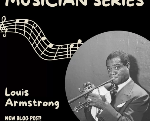 Musician Series: Louis Armstrong. New Blog Post! Image of Louis Armstrong playing the trumpet.